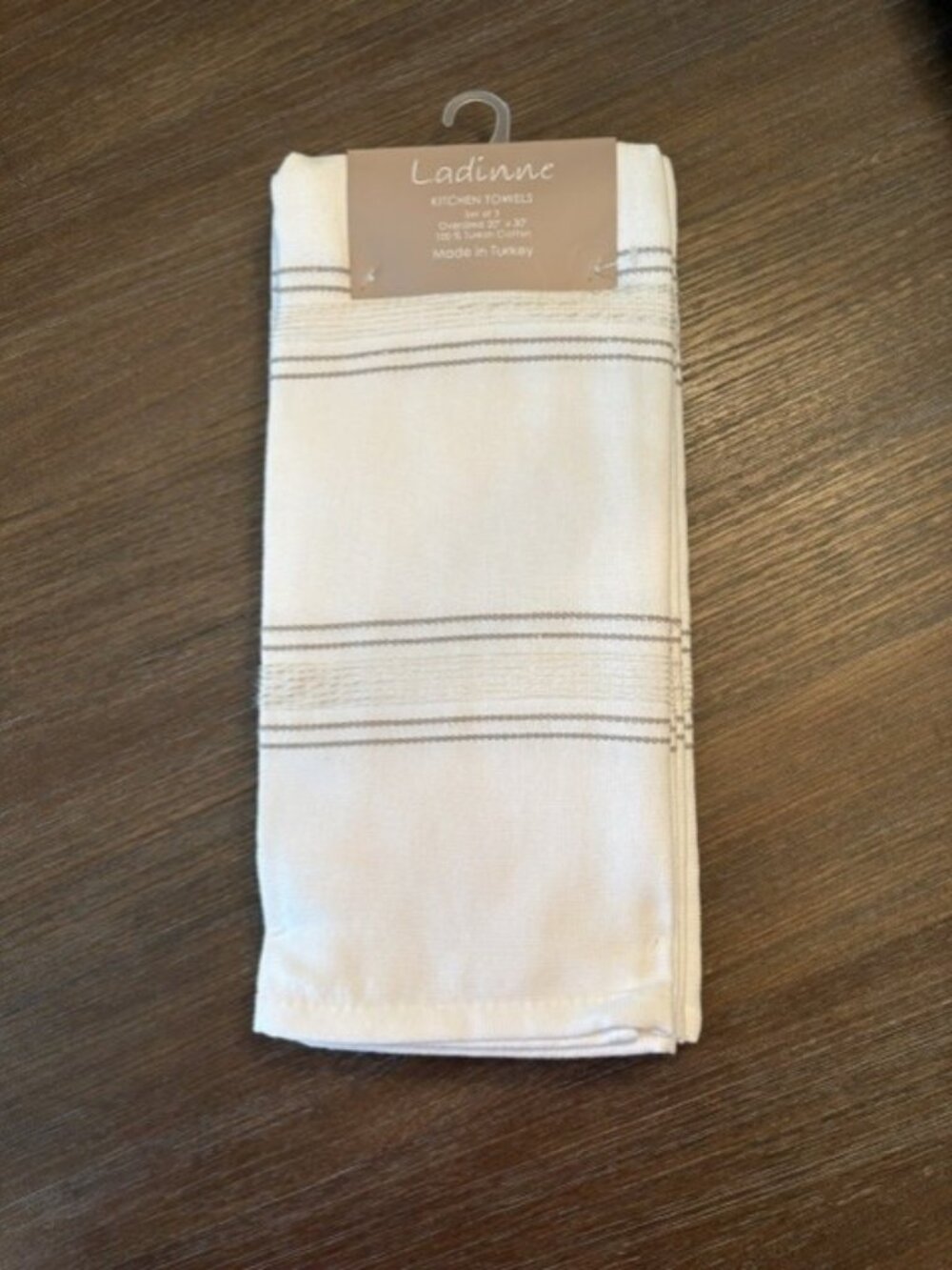 Ladinne Kitchen Towel Set 3pc White Taupe 100% Turkish Cotton 20" x 30" New NWT